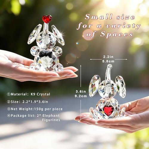 HDCRYSTALGIFTS Set 2 Crystal Elephant Figurines Gift for Women 3.5'' Miniature Glass Animals Collectible Valentine's Day Wedding Anniversary Tabletop Decoration