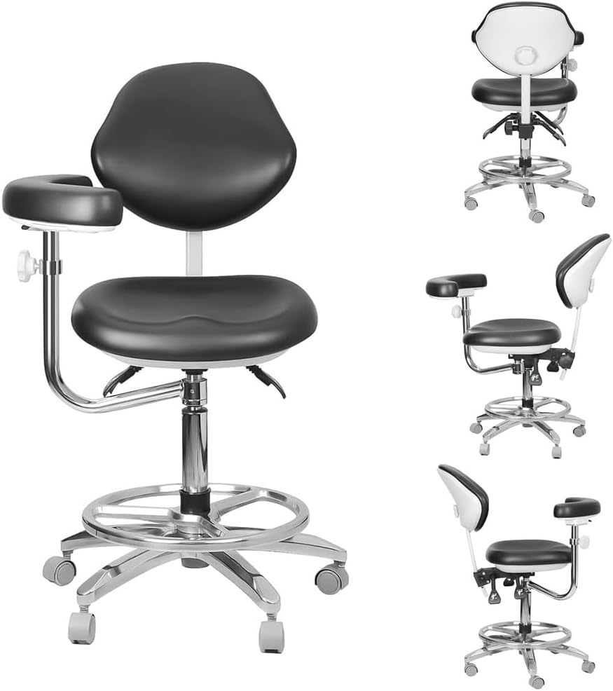 BONEW-Oral Dental Chair Assistant Nurse's Stool with Seat Armrest Height Adjustable PU Leather Black
