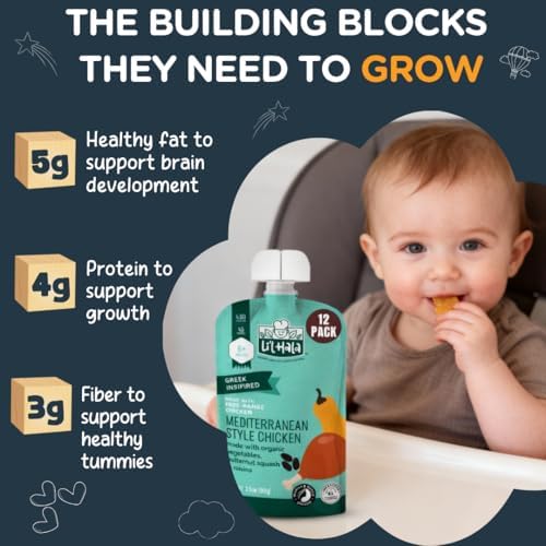 Li’l Hala Foods - Baby Meat Pouches - Mediterranean Chicken – Free-Range Chicken & Organic Veggies – Toddler Meals with Meat – Protein & Healthy Fats Puree – No Hormones – 6+ Months – 3.5 oz (12 Pack)