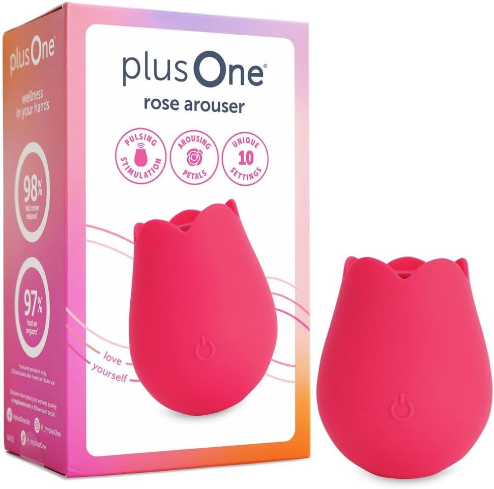 plusOne Rose Toy Vibrator for Women, Nipple and Clitoral Stimulator, Body-Safe Silicone, Waterproof, USB Rechargeable with 10 Pulsing Settings Sex Toy, Red