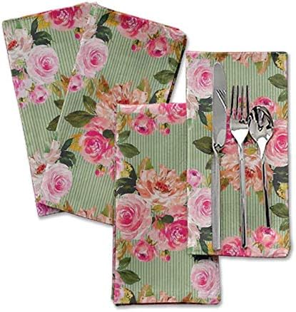 S4Sassy Green Stripe & Ranunculus Floral Holiday Parties Cloth Table Linen Re-Usable Dinner Napkins Set 18 x 18(Pack of 6)