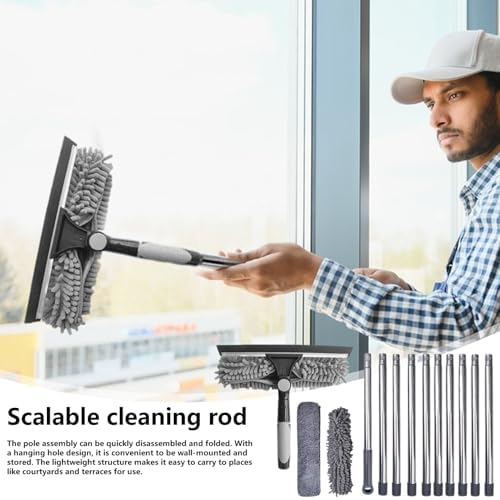Window Cleaner – 15 Foot Extendable Glass Brush, 2 in 1 Long Handle Cleaner with 10 Extension Poles and 2 Microfiber Cloths | High Window Cleaning Tool for Home Office