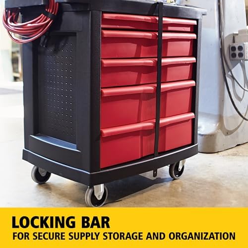 Rubbermaid Commercial Products Mobile Tool Work Center, 5 Drawers, 250 lb. Capacity, Black, for Warehouse/Garage/Cleaning/Maintenance