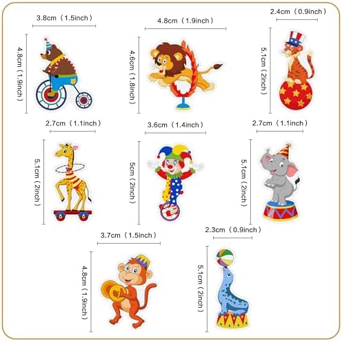 Ercadio 48 PCS Edible Circus Cupcake Toppers Circus Animals Cupcake Picks Magic Hat Elephant Horse Cake Decorations for Carnival Theme Baby Shower Kids Birthday Party Decor Supplies