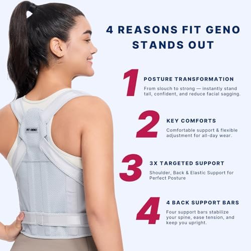 Fit Geno Back Brace Posture Corrector for Men & Women: Shoulder Straightener Adjustable Full Back Support Pain Relief - Scoliosis Hunchback Spine Corrector (Large)