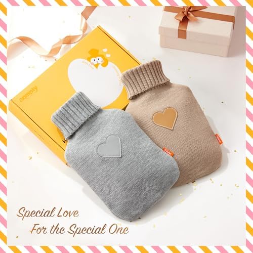 samply 2L Hot Water Bottle, 2 Packs Hot Water Bag with 2 Knitted Covers for Pain Relief, Birthday ldeas Gifts for Women, Daughter, Grandma, Sister, Wife (Grey&Khaki)