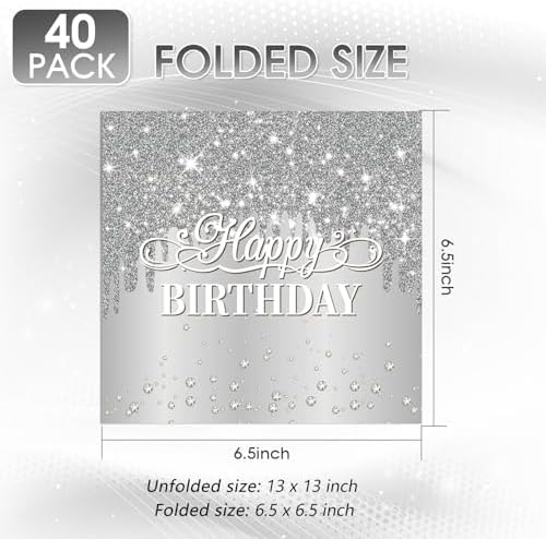 40PCS Silver Happy Birthday Napkins Silver Theme Party Decorations Disposable Cocktail Napkins for lunch,Dinner,Birthdays, Weddings, Baby Showers Party Decoration Supplies