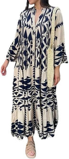 BIVENANT Womens Boho Floral Print Maxi Dress Loose Lantern Long Sleeve Geometric Plus Size Button Down Flowy Sundress