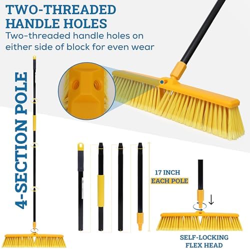 KLEEN HANDLER 18" Push Broom with 61" Long Extendable Metal Handle with Threaded Plastic Screw for Deck Driveway Garage Yard Patio Warehouse Hard Floor Cleaning