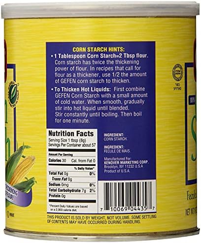 Gefen Corn Starch, 100% Pure, 16oz Canister with Resealable Lid, Kosher, Great Flour Alternative, Twice the Thickening Power of Flour