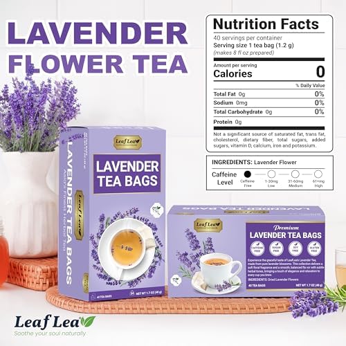 LeafLea 40 Premium Lavender Tea Bags, Natural Lavender Flowers, Lavendar Herbal Tea with Delicate Floral Aroma & Smooth Flavor, Relaxing Evening Infusion, No Caffeine, No Sugar, Individually Wrapped