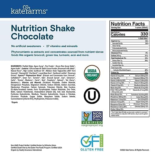 KATE FARMS Organic Nutrition Shake, Chocolate, 16g Protein, 27 Vitamins and Minerals, Meal Replacement Shake, 11 oz (6 Pack)