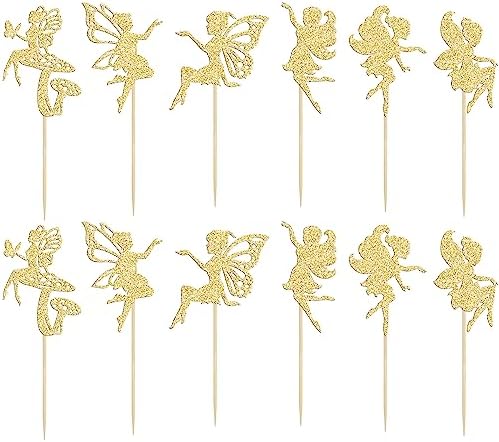 Gyufise 24Pcs Fairy Cupcake Toppers Glitter Ballet Dancer Flower Angel Fairy Cupcake Picks Decoration for Wedding Bridal Shower Baby Shower Birthday Party Cake Decorations Supplies Gold
