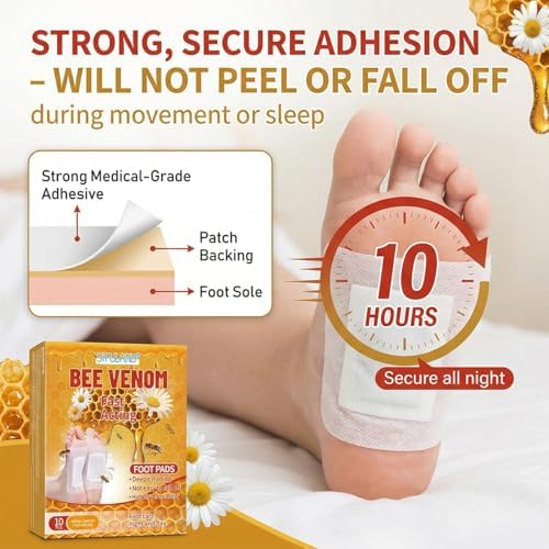 Natural Bee Venom Foot Pads - 10pcs Deep Cleansing Foot Patches for Stress Relief, Better Sleep, Suitable for Travel or Home Use