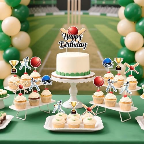 Jollyboom Cricket Birthday Party Decorations, 25pcs Cricket Cake Cupcake Toppers for Sports Ball Theme Birthday Decorations Boy Girl Kids Him Her