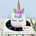 Unicorn Cake Topper,Handmade Party Cake Decoration Supplies with Eyelashes and stack,Reuasble Gold Horn for Birthday Party,Baby Shower, Wedding