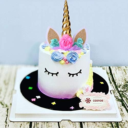 Unicorn Cake Topper,Handmade Party Cake Decoration Supplies with Eyelashes and stack,Reuasble Gold Horn for Birthday Party,Baby Shower, Wedding