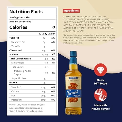 Torani Zero Sugar Puremade Syrup, Toffee Nut Flavoring for Drinks, Pump Included, 25.4 Fl Oz