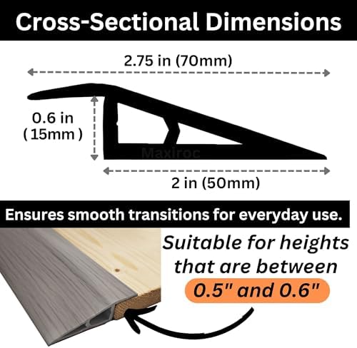 1/2" to 3/5" Height Threshold Ramp - Rubber Threshold, Floor Transition Strip, Door Strip, Wheelchair Ramp, Carpet to Tile Strip (Gray Oak Ash, 40 inches)