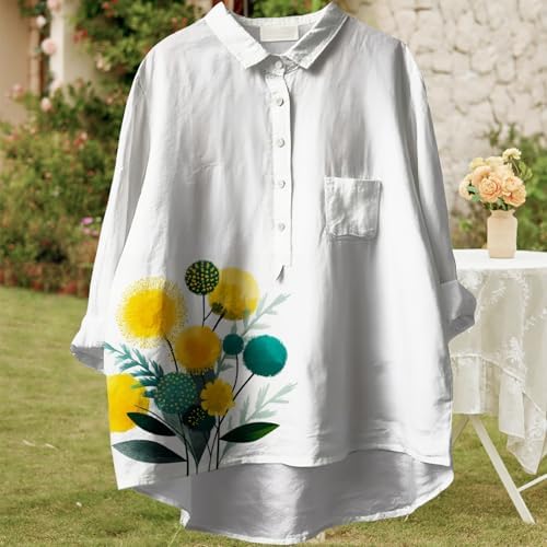 Women's Button Down Dandelion Print Shirts V Neck Roll Up Long Sleeve T-Shirt Dressy Oversized Loose Fit Casual Tops