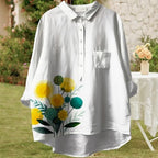 Women's Button Down Dandelion Print Shirts V Neck Roll Up Long Sleeve T-Shirt Dressy Oversized Loose Fit Casual Tops