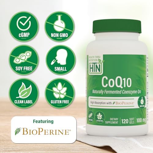 Health Thru Nutrition CoQ-10 100mg with BioPerine 120 Softgels | High Absorption Naturally Fermented USP Grade Coenzyme Q10 Supplement | 3rd Party Tested | Heart Health and Energy Support