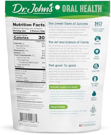 Dr. John's Healthy Sweets Tart Cherry Dry Mouth Drops with Zero Sugar, Dye Free, Plant Based, Keto Friendly, 24 Count, 3.85oz Bag