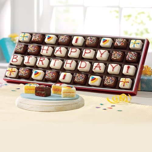 The Wisconsin Cheeseman Happy Birthday Petits Fours – Gourmet Mini Layer Cakes in Chocolate, Vanilla, Orange, and Lemon – Birthday Dessert or Cake Assortment Gift