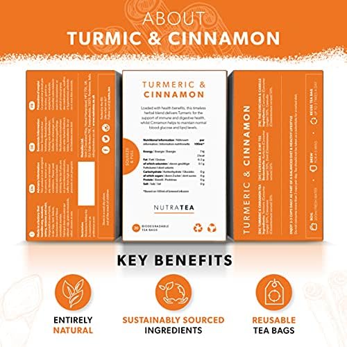 Nutra Tea Turmeric & Cinnamon Tea | Turmeric Tea - 120 Individually Wrapped Bags - Herbal Infusion (6 Pack)