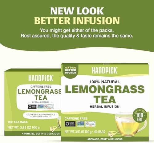 HANDPICK, Lemongrass Tea Bags (100 Count) Non-GMO, Caffeine Free - Quality Lemongrass Herbal Tea- Eco-conscious Round Tea Bags | Brew Hot or Iced Tea