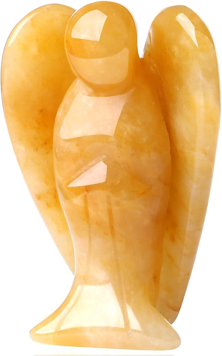 QINJIEJIE Yellow Jade Crystals Angel Decor Peace Statue Stone Guardian Angel Healing Hand Carved Gemstones Pocket Figurines Room Office Desk Decorations Gifts for Women