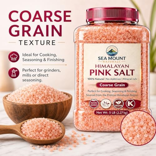 Himalayan Pink Salt Coarse Grain 80oz (5 Pound), Grinder Refill, Kosher Certified, Non-GMO, Pure Mineral-Rich Pink Himalayan Sea Salt, For Cooking, Grilling, BBQ & Seasoning - Sea Mount Naturals
