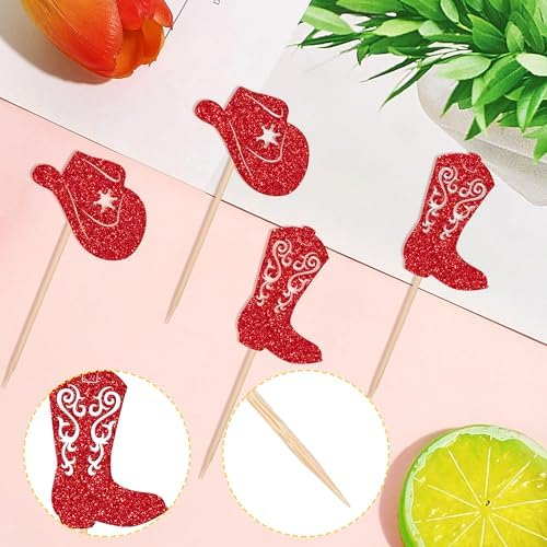 24 PCS Cowboy Cupcake Toppers Glitter Cowboy Hats Boots Cupcake Picks Cowboy Party Cupcake Decorations for Western Theme Baby Shower Boys Birthday Party Cake Decorations Supplies Red