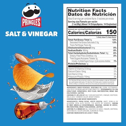 Pringles Potato Crisps Chips, Lunch Snacks, On-The-Go Snacks, Salt and Vinegar, 5.5oz Can (1 Can)