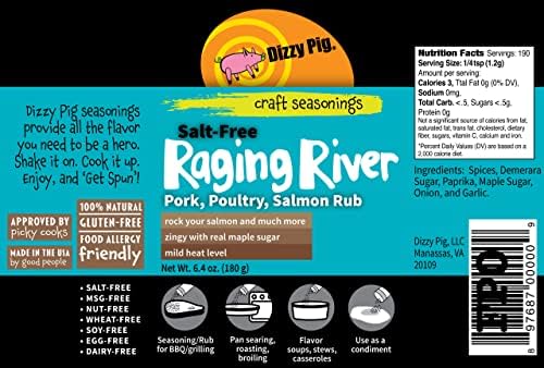 Dizzy Pig Salt-Free Raging River Salmon Seasoning Rub (8oz Shaker) - Seasons 30+lbs of Food - Hand Made in the USA - MSG Free, Gluten Free