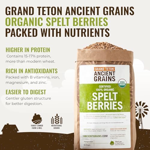 Grand Teton Ancient Grains - 100% Organic Spelt Berries, 5 lbs, Whole Unmilled Spelt Berries, US-Grown Farro Organic Grain, Nutritious Baking Staple, Whole Grain Spelt in Brown Paper Bag