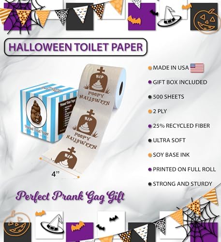 Printed TP RIP Halloween Printed Toilet Paper Gag Gift – Scary Toilet Paper Roll for Surprise and Funny Novelty Gift for Spooky Haunted House Party Halloween Decoration – 500 Sheet