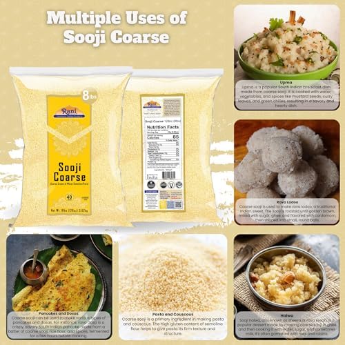 Rani Sooji Coarse (Farina, Suji, Rava, Rawa, Wheat Semolina) Flour 128oz (8lbs) 3.63kg Bulk ~ All Natural | Vegan | NON-GMO | Kosher | Indian Origin