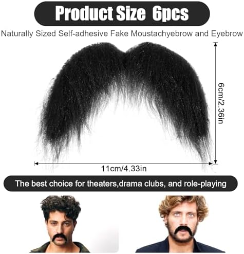 6 Pcs Black Fake Mustaches, Stick On Mustache, Realistic Fake Facial Hair, Novelty Handlebar Fakes Beard for Cosplay Costumes, Theme Party and Halloween