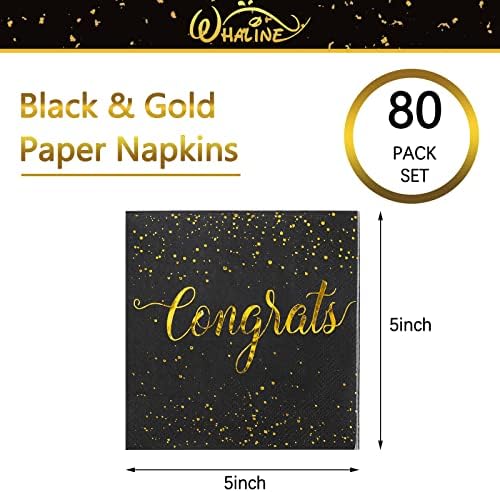 Whaline 80 Pack Congratulations Paper Napkins 5 x 5 Inch Gold Foil Congrats Cocktail Napkins Black Graduation Party Disposable Beverage Napkins for Engagement Graduation Baby Shower Celebration Party