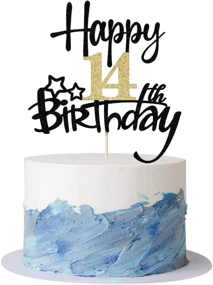 Kaoenla Black Gold Glitter Happy 14th Birthday Cake Topper - Hello 14/Cheers14，Happy fourteen Birthday Anniversary,14 years old birthday，14 & Fabulous Cake Topper Party Decor (14th)