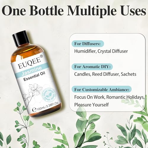 EUQEE 100ml Jasmine Essential Oil, Pure Jasmine Essential Oil for Diffuser, Massage, DIY Soap,Candle Making, Skin & Hair Care - 3.38 Fl Oz