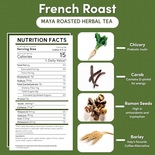 Teeccino French Roast Herbal Tea - Rich & Roasted Herbal Tea That’s Caffeine Free & Prebiotic for Natural Energy, Coffee Alternative, 10 Tea Bags