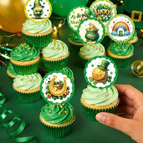 48Pcs Edible St Patrick's Day Cupcake Topper Wafer Paper Lucky Four Leaf Clover Cupcake Toppers Picks for St Patrick's Day Party Irish Holiday Party Decorations