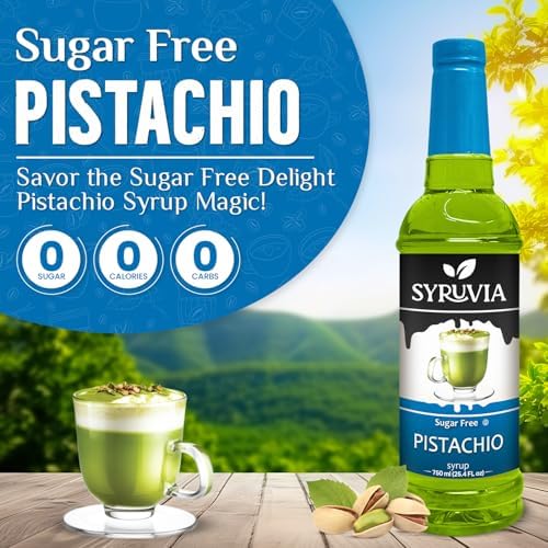 Sugar-Free Pistachio Syrup by Syruvia 6-Pack, 25.4 fl oz, Wholesale Coffee Syrup Shops, Cafes, Baristas, Bistros, & Beverage Bars, Bulk Kosher & Gluten-Free