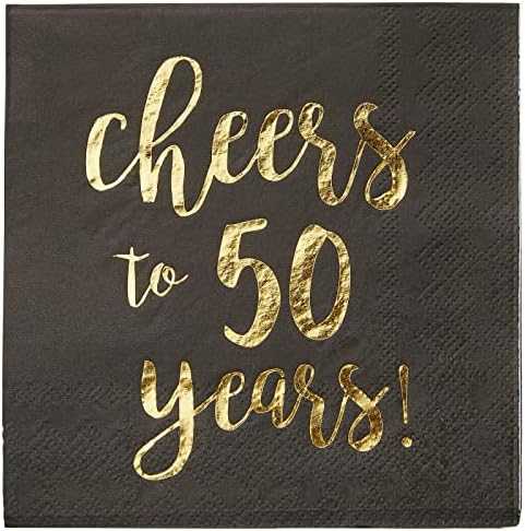BLUE PANDA 50 Pack Cheers to 50 Years Printed Cocktail Napkins for 50th Birthday and Anniversary - 3-Ply Black & Gold Foil 50th Birthday Napkins