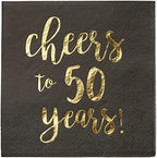 BLUE PANDA 50 Pack Cheers to 50 Years Printed Cocktail Napkins for 50th Birthday and Anniversary - 3-Ply Black & Gold Foil 50th Birthday Napkins
