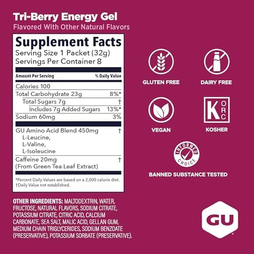 GU Energy Original Sports Nutrition Energy Gel, Vegan, Gluten-Free, Kosher, and Dairy-Free On-the-Go Energy for Any Workout, 8-Count, Tri-Berry