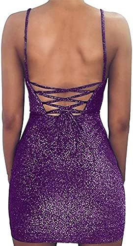 Women's Sexy Glitter Spagetti Straps Lace Up Back Bandage Bodycon Mini Club Party Dress