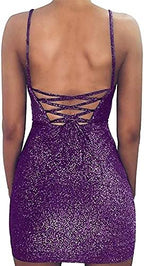 Women's Sexy Glitter Spagetti Straps Lace Up Back Bandage Bodycon Mini Club Party Dress